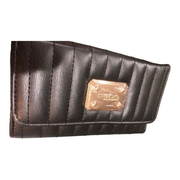 BEBE black rowan quilted tassel gold plated trifold wallet purse clutch wristlet - Picture 7 of 9